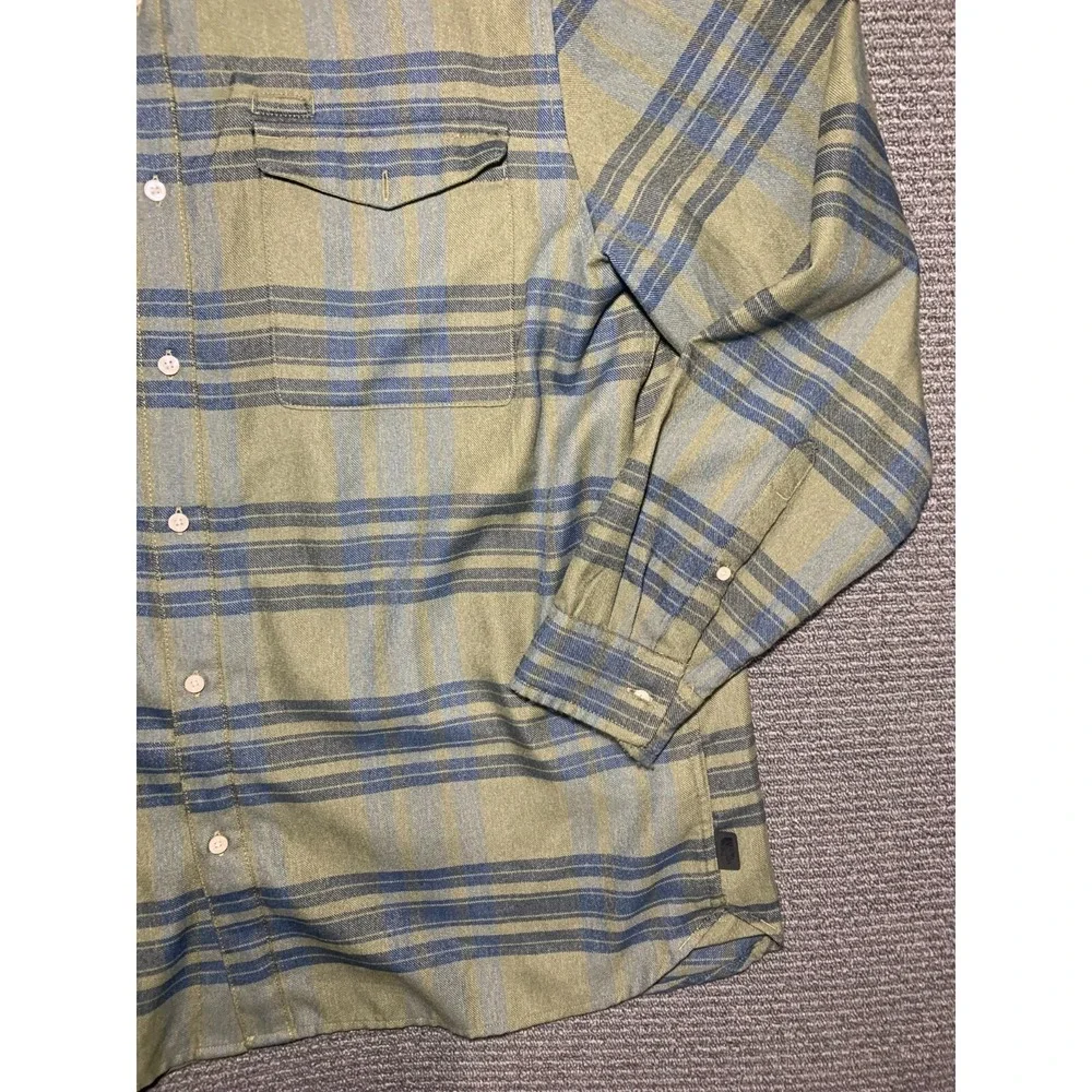 Men North Face Green Long Sleeve Approach Flannel Button Stripe Shirt XXL